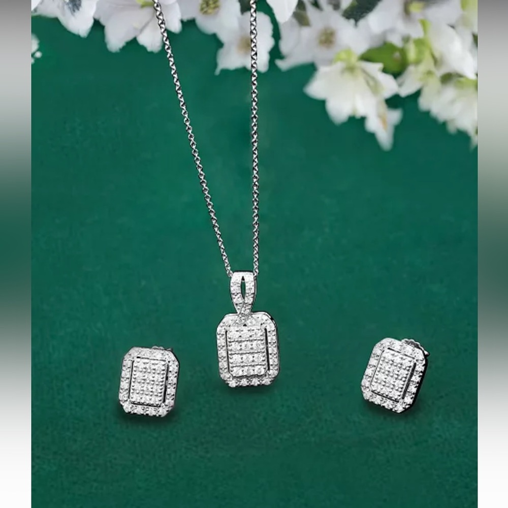 Diamond Octagon Halo Cluster Earrings & 18" Pendant Necklace Sterling Silver Set